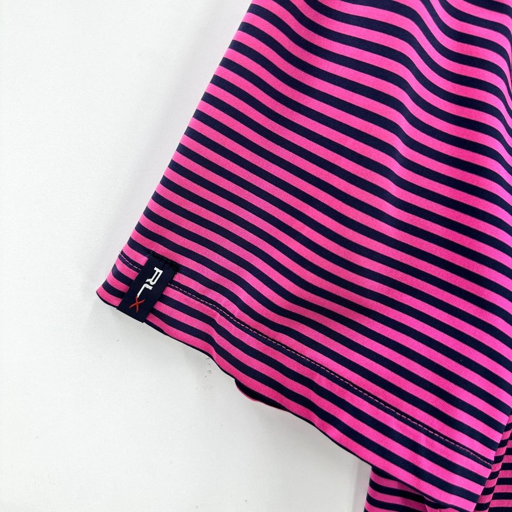 RLX Ralph Lauren Polo Shirt Mens Stripe Short Sleeve Logo Pga West Pink Navy L - Picture 3 of 10